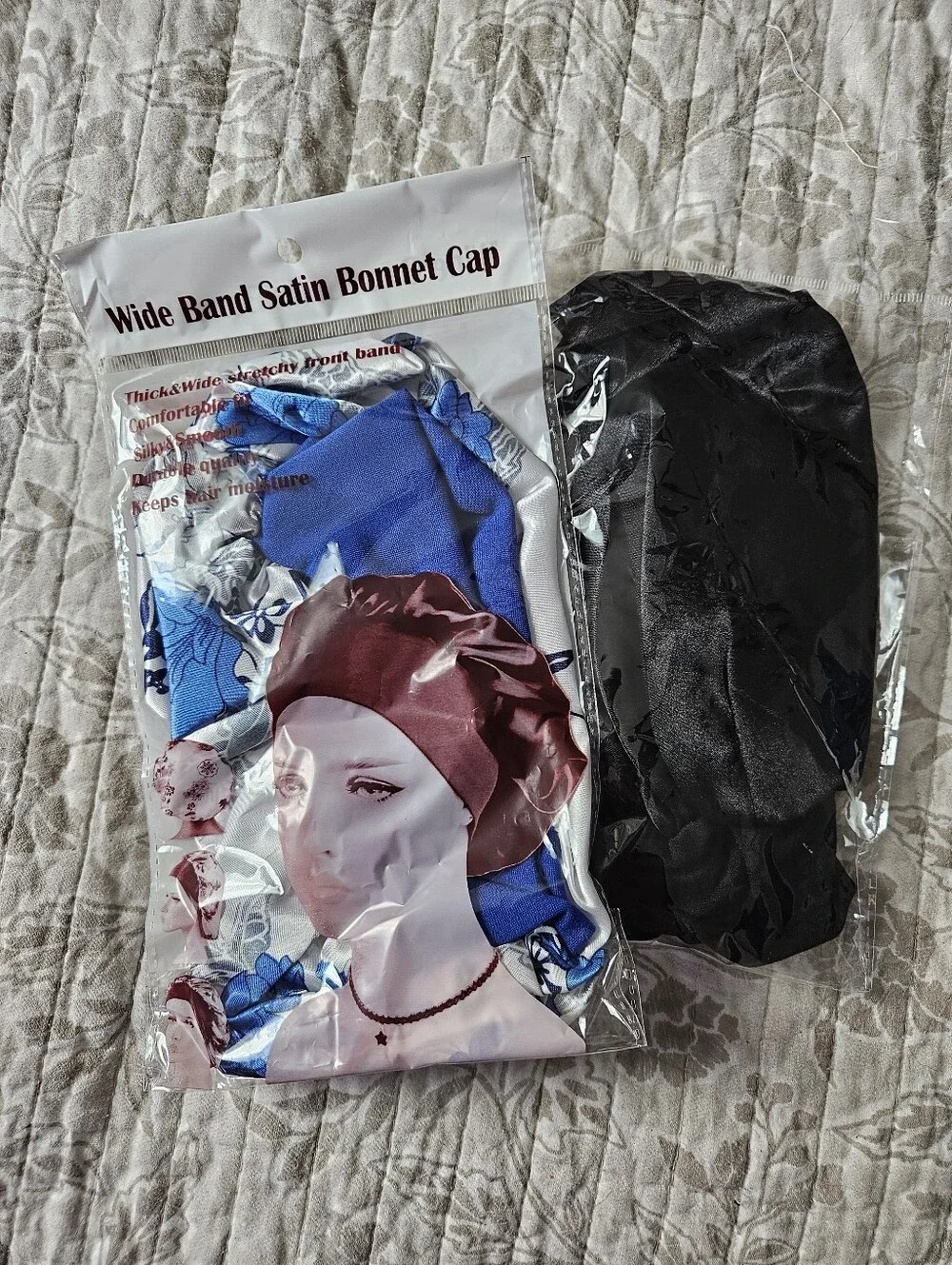 Satin Bonnet Caps Black + Floral Satin Set